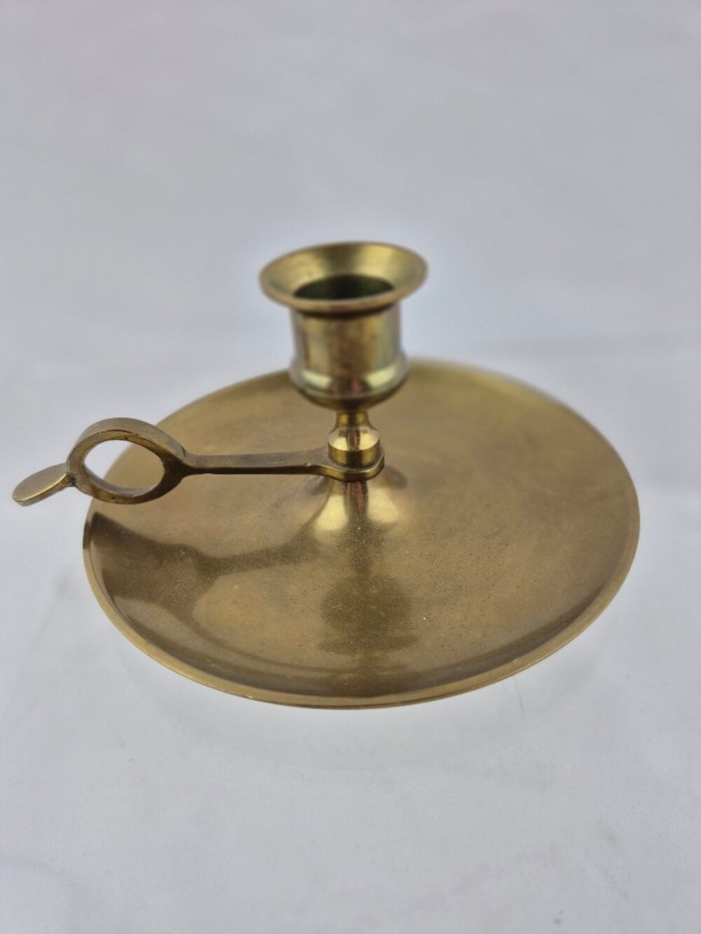 Vintage Brass Chamberstick Candle Holder Wide Round Drip Tray Finger Loop Handle